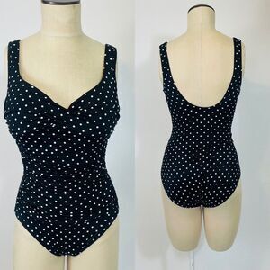Miraclesuit Sanibel Polka Dot Swimsuit 8 Womens Padded Slimming Ruched Black